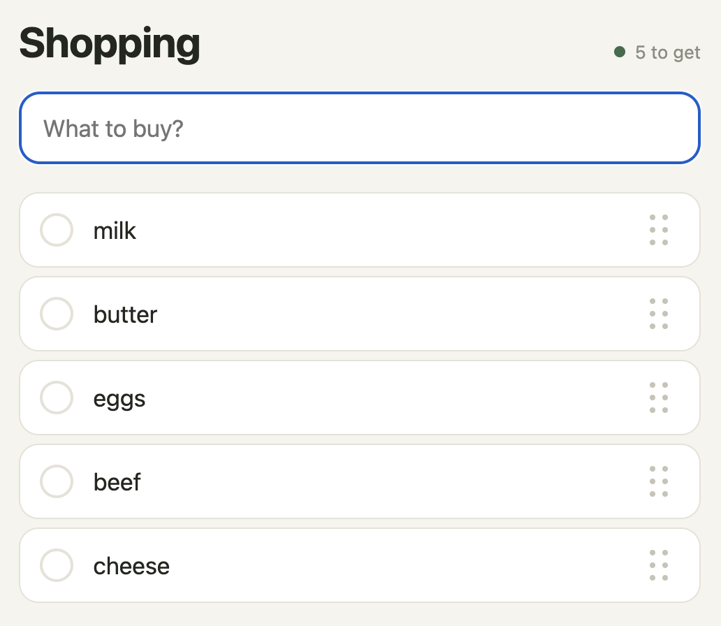 The shopping list: five items to get, milk, butter, eggs, beef and cheese